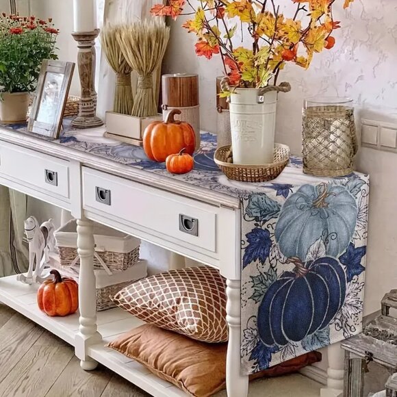 Thanksgiving Fall Linen Table Runner - Pumpkin and Maple Leaf Design -90" x 13" - Picture 4 of 9